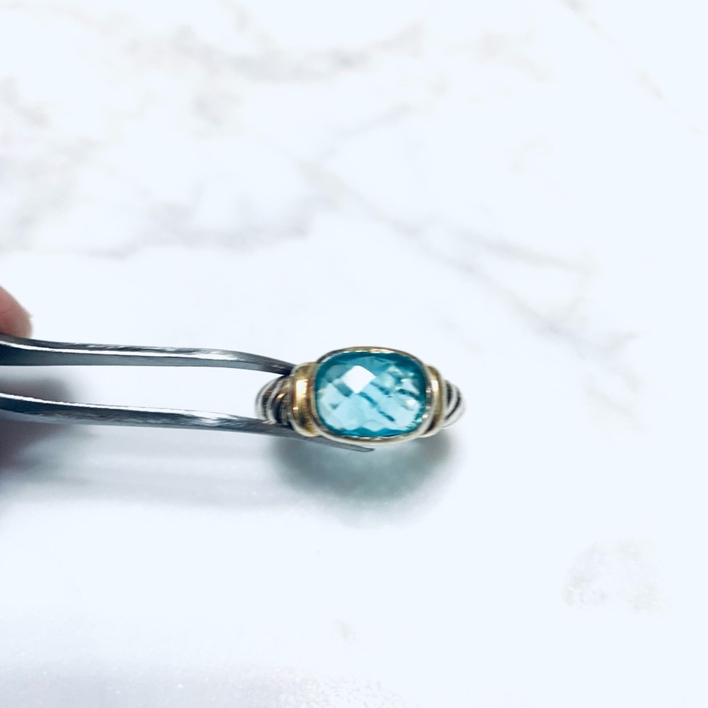 925 Sterling Silver Two Tone 10x8mm Natural Blue Topaz Ring Size 7